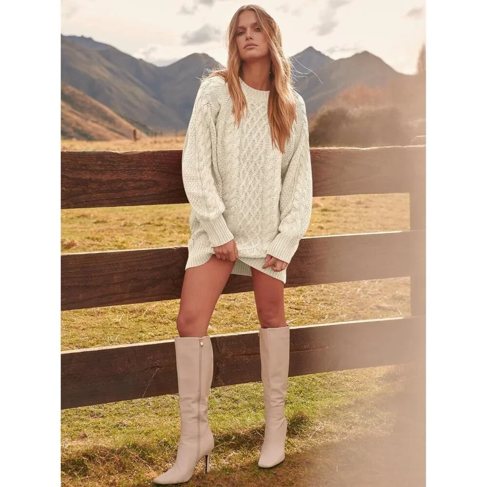 Womens Oversized Cable Knit Sweater Dress Chunky Long Sleeve Fall Winter Outfit - Picture 6 of 7